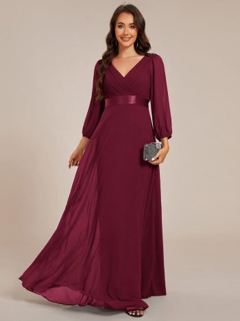 Long Sleeves Chiffon Empire Waist A-Line Maxi Formal Evening Dress - Burgundy