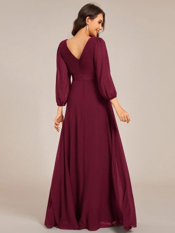Long Sleeves Chiffon Empire Waist A-Line Maxi Formal Evening Dress - Burgundy