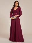Long Sleeves Chiffon Empire Waist A-Line Maxi Formal Evening Dress – Burgundy