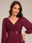 Long Sleeves Chiffon Empire Waist A-Line Maxi Formal Evening Dress – Burgundy