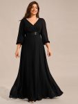 Plus Size Empire Waist Pleated Chiffon Long Sleeves Formal Evening Dress - Black