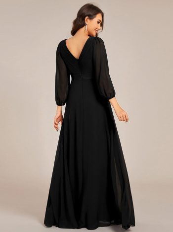 Long Sleeves Chiffon Empire Waist A-Line Maxi Formal Evening Dress - Black