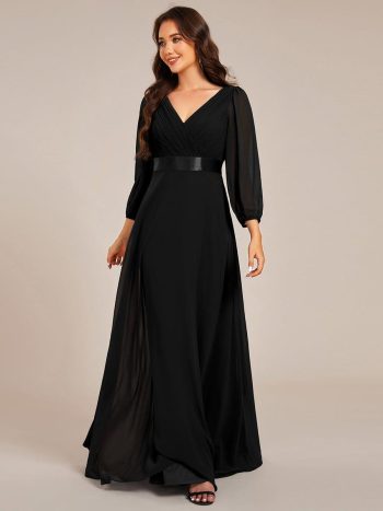Long Sleeves Chiffon Empire Waist A-Line Maxi Formal Evening Dress - Black