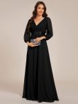 Long Sleeves Chiffon Empire Waist A-Line Maxi Formal Evening Dress – Black