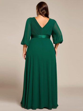 Plus Size Empire Waist Pleated Chiffon Long Sleeves Formal Evening Dress - Dark Green