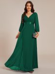 Long Sleeves Chiffon Empire Waist A-Line Maxi Formal Evening Dress – Dark Green