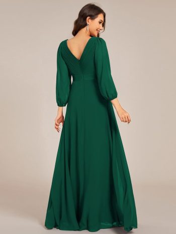 Long Sleeves Chiffon Empire Waist A-Line Maxi Formal Evening Dress - Dark Green