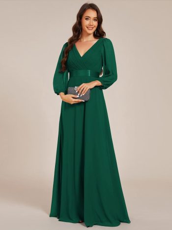 Long Sleeves Chiffon Empire Waist A-Line Maxi Formal Evening Dress - Dark Green