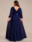 Plus Size Empire Waist Pleated Chiffon Long Sleeves Formal Evening Dress – Navy Blue