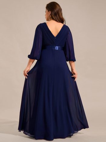 Plus Size Empire Waist Pleated Chiffon Long Sleeves Formal Evening Dress - Navy Blue