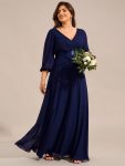Plus Size Empire Waist Pleated Chiffon Long Sleeves Formal Evening Dress – Navy Blue