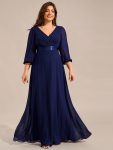 Plus Size Empire Waist Pleated Chiffon Long Sleeves Formal Evening Dress – Navy Blue