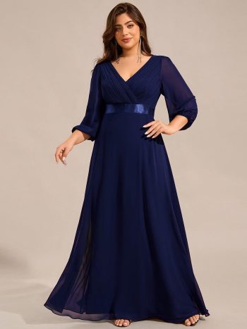 Plus Size Empire Waist Pleated Chiffon Long Sleeves Formal Evening Dress - Navy Blue