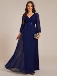 Long Sleeves Chiffon Empire Waist A-Line Maxi Formal Evening Dress - Navy Blue