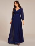 Long Sleeves Chiffon Empire Waist A-Line Maxi Formal Evening Dress – Navy Blue