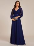 Long Sleeves Chiffon Empire Waist A-Line Maxi Formal Evening Dress – Navy Blue