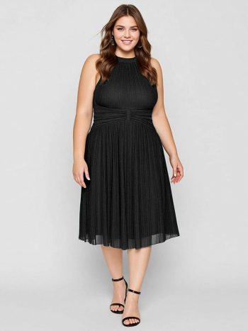 Plus-Size Glittery Halter Neck Dress - Black