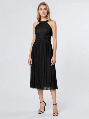 Glittery Sleeveless A-Line Midi Dress - Black