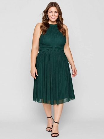Plus-Size Glittery Halter Neck Dress - Dark Green