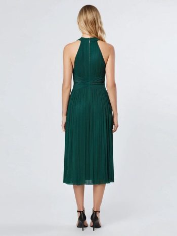 Glittery Sleeveless A-Line Midi Dress - Dark Green