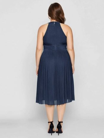 Plus-Size Glittery Halter Neck Dress - Navy Blue