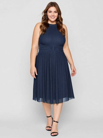 Plus-Size Glittery Halter Neck Dress - Navy Blue
