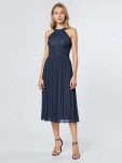 Glittery Sleeveless A-Line Midi Dress - Navy Blue