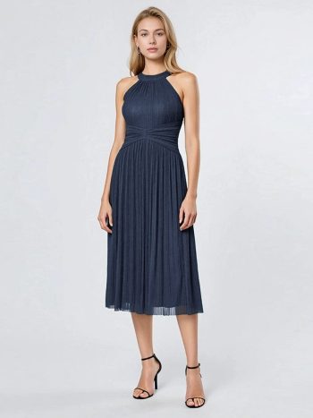 Glittery Sleeveless A-Line Midi Dress - Navy Blue