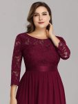 See-Through Floor Length Lace Chiffon Evening Dress with Half Sleeve – Burgundy
