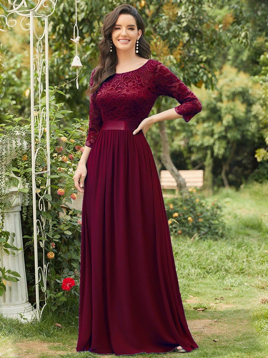 See-Through Floor Length Lace Chiffon Evening Dress with Half Sleeve - Burgundy See-Through Floor Length Lace Chiffon Evening Dress with Half Sleeve - Burgundy