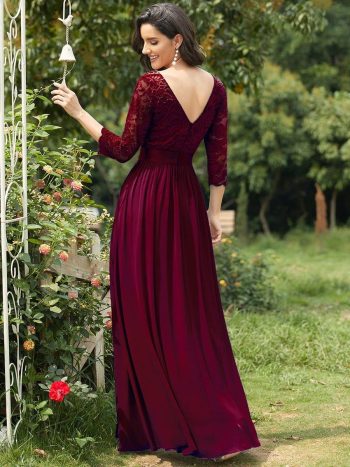 See-Through Floor Length Lace Chiffon Evening Dress with Half Sleeve - Burgundy