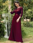 See-Through Floor Length Lace Chiffon Evening Dress with Half Sleeve – Burgundy