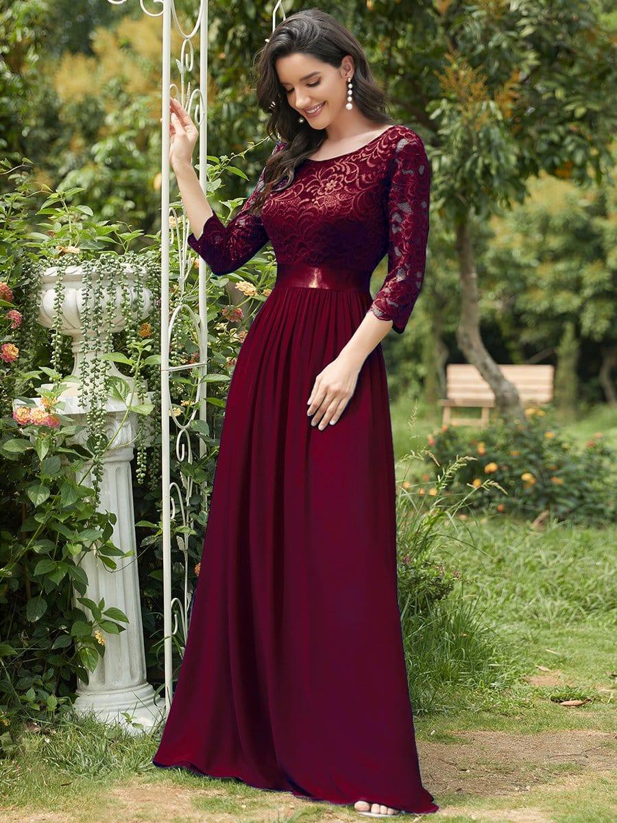 See-Through Floor Length Lace Chiffon Evening Dress with Half Sleeve - Burgundy See-Through Floor Length Lace Chiffon Evening Dress with Half Sleeve - Burgundy