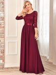See-Through Floor Length Lace Chiffon Evening Dress with Half Sleeve – Burgundy