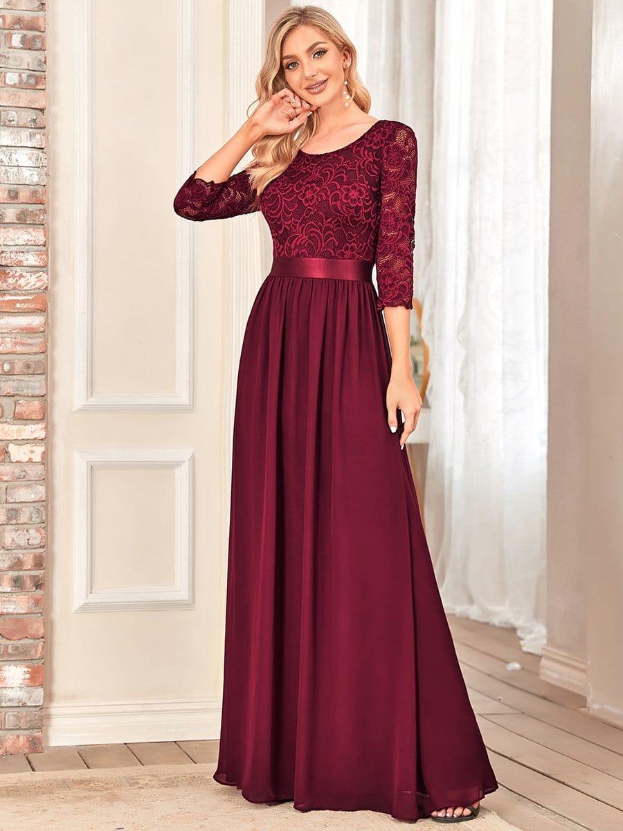 See-Through Floor Length Lace Chiffon Evening Dress with Half Sleeve - Burgundy See-Through Floor Length Lace Chiffon Evening Dress with Half Sleeve - Burgundy