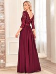 See-Through Floor Length Lace Chiffon Evening Dress with Half Sleeve – Burgundy