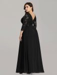 See-Through Floor Length Lace Chiffon Evening Dress with Half Sleeve – Black