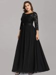 See-Through Floor Length Lace Chiffon Evening Dress with Half Sleeve – Black
