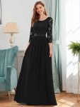See-Through Floor Length Lace Chiffon Evening Dress with Half Sleeve – Black