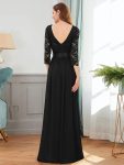 See-Through Floor Length Lace Chiffon Evening Dress with Half Sleeve – Black