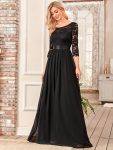 See-Through Floor Length Lace Chiffon Evening Dress with Half Sleeve - Black
