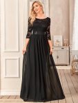 See-Through Floor Length Lace Chiffon Evening Dress with Half Sleeve – Black
