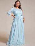 See-Through Floor Length Lace Chiffon Evening Dress with Half Sleeve – Sky Blue