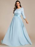 See-Through Floor Length Lace Chiffon Evening Dress with Half Sleeve – Sky Blue