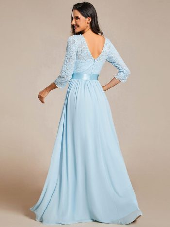 See-Through Floor Length Lace Chiffon Evening Dress with Half Sleeve - Sky Blue