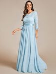 See-Through Floor Length Lace Chiffon Evening Dress with Half Sleeve - Sky Blue