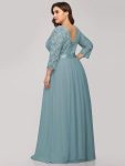 See-Through Floor Length Lace Chiffon Evening Dress with Half Sleeve – Light Teal