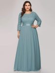 See-Through Floor Length Lace Chiffon Evening Dress with Half Sleeve – Light Teal