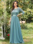 See-Through Floor Length Lace Chiffon Evening Dress with Half Sleeve – Light Teal