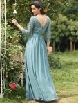 See-Through Floor Length Lace Chiffon Evening Dress with Half Sleeve – Light Teal